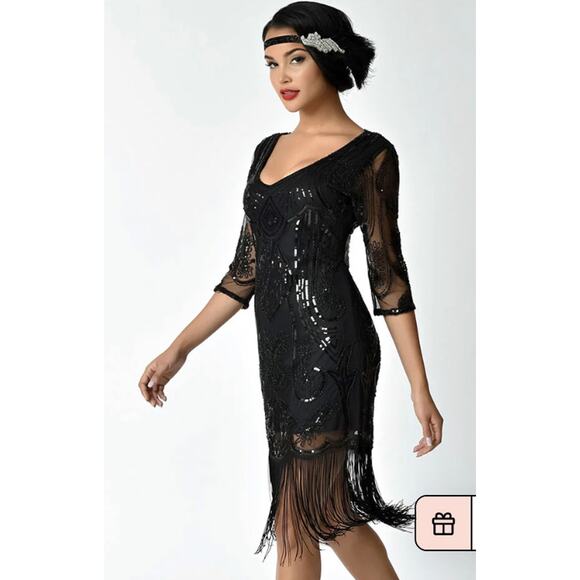 - Unique Vintage Long Sleeve Flapper Dress Black Sz L #38 - Picture 3 of 4